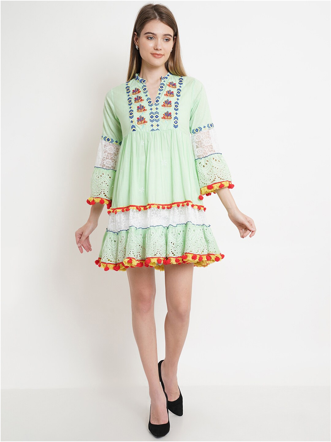 

IX IMPRESSION Floral Bell Sleeve with Pom-Pom Detail Fit & Flare Dress, Green