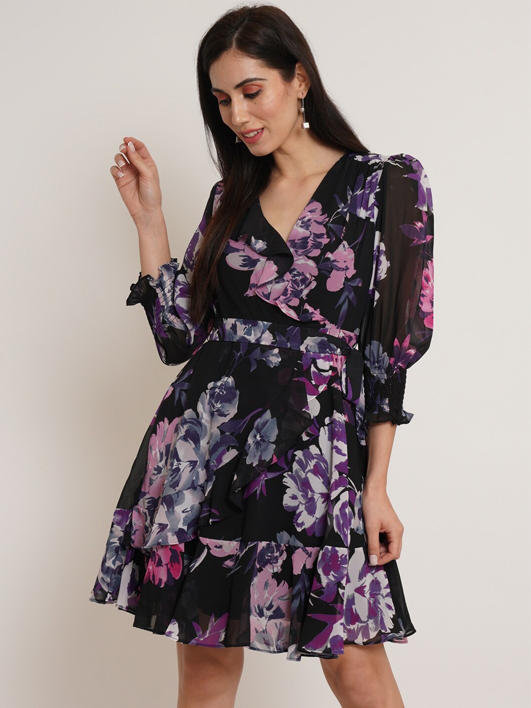 

IX IMPRESSION Floral Printed Puff Sleeves Ruffled Fit & Flare Dress, Black