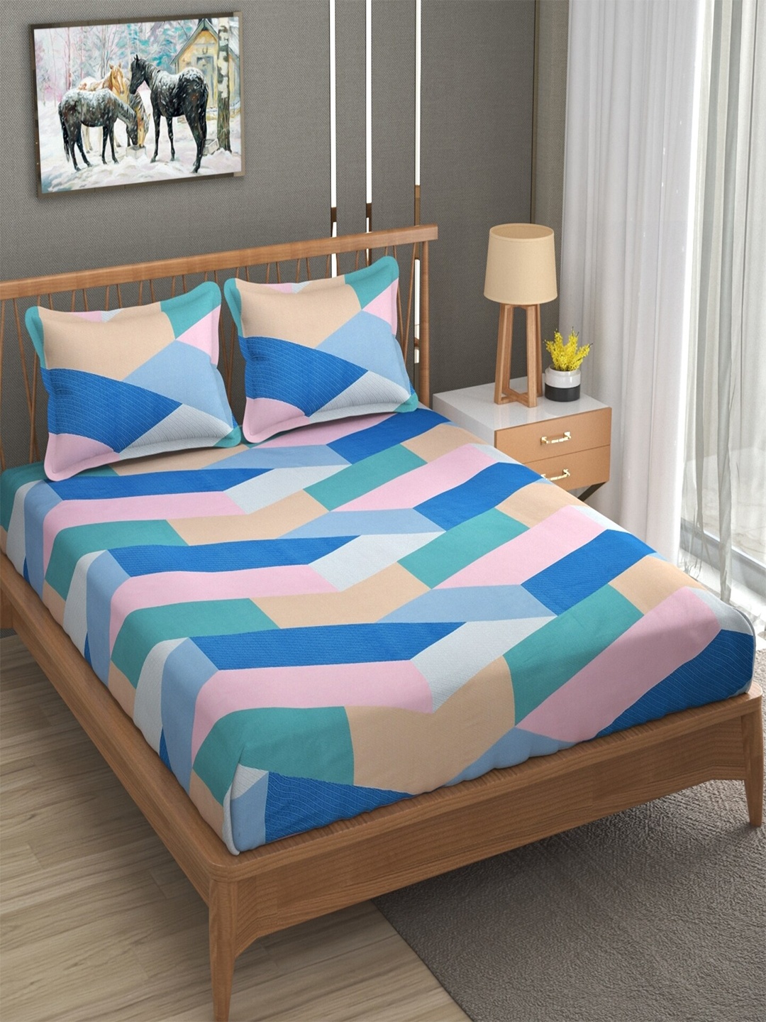 

BELVOSTUM Ashley Blue & Beige Printed 180 TC Cotton Queen Bedsheet & 2 Pillow Covers