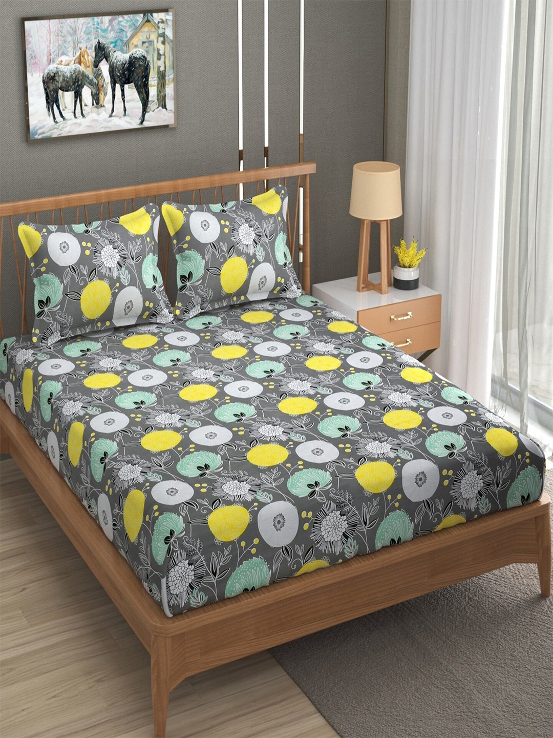 

BELVOSTUM Ashley Grey & Yellow Printed 180 TC Cotton Queen Bedsheet & 2 Pillow Covers