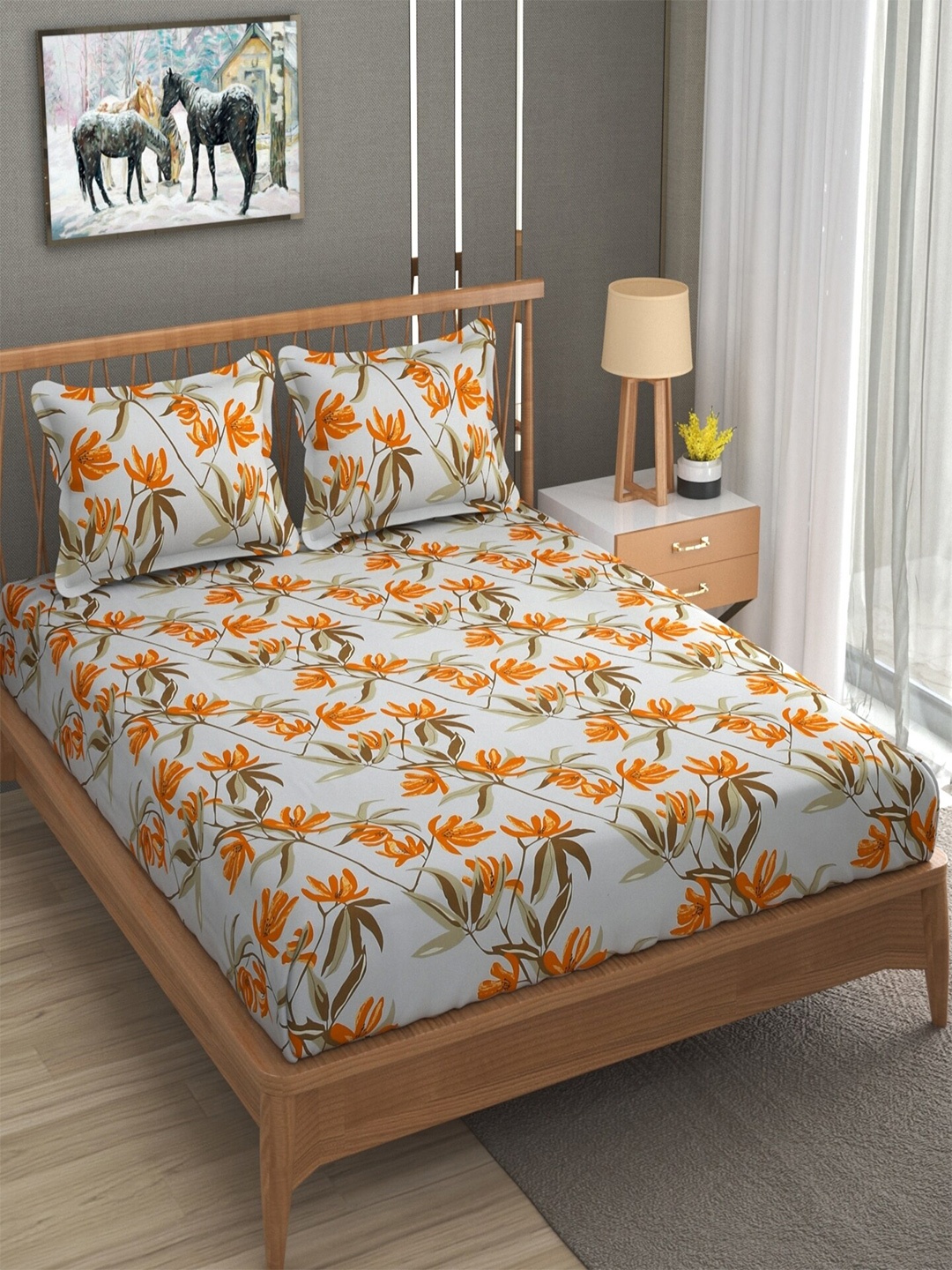 

BELVOSTUM Ashley White & Orange Printed 180 TC Cotton Queen Bedsheet & 2 Pillow Covers