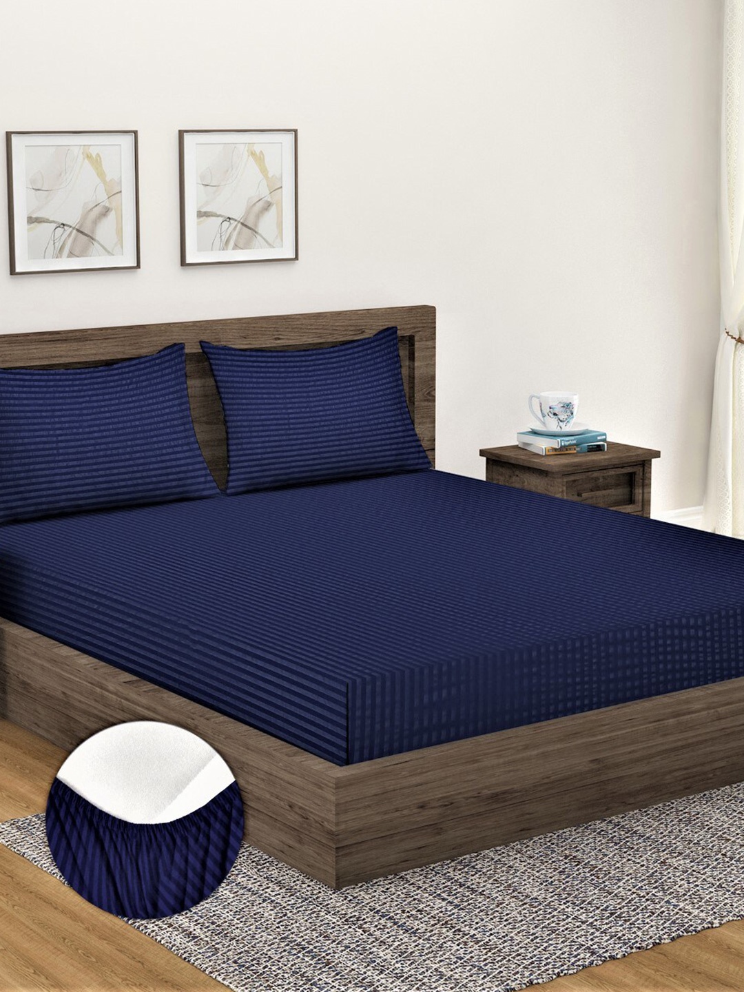

Home Sizzler Blue Striped 300 TC Fitted Cotton King Bedsheet & 2 Pillow Covers