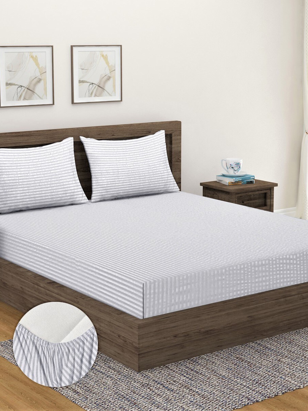 

Home Sizzler White Striped 300 TC Fitted Cotton King Bedsheet & 2 Pillow Covers