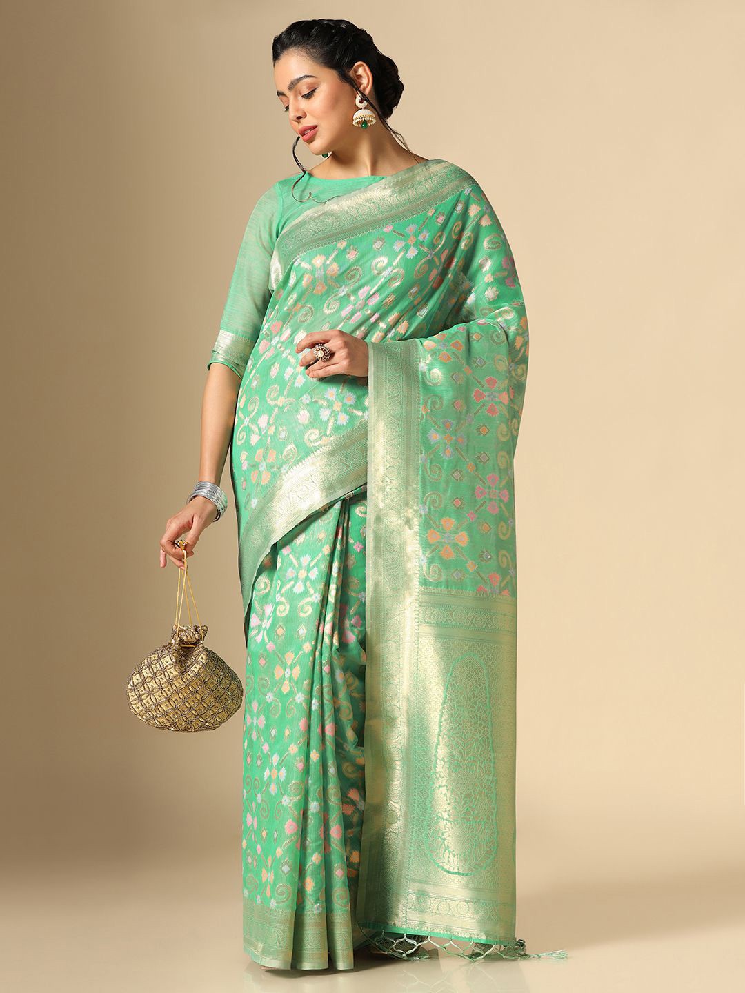 

Mitera Green & Pink Woven Design Zari Banarasi Saree