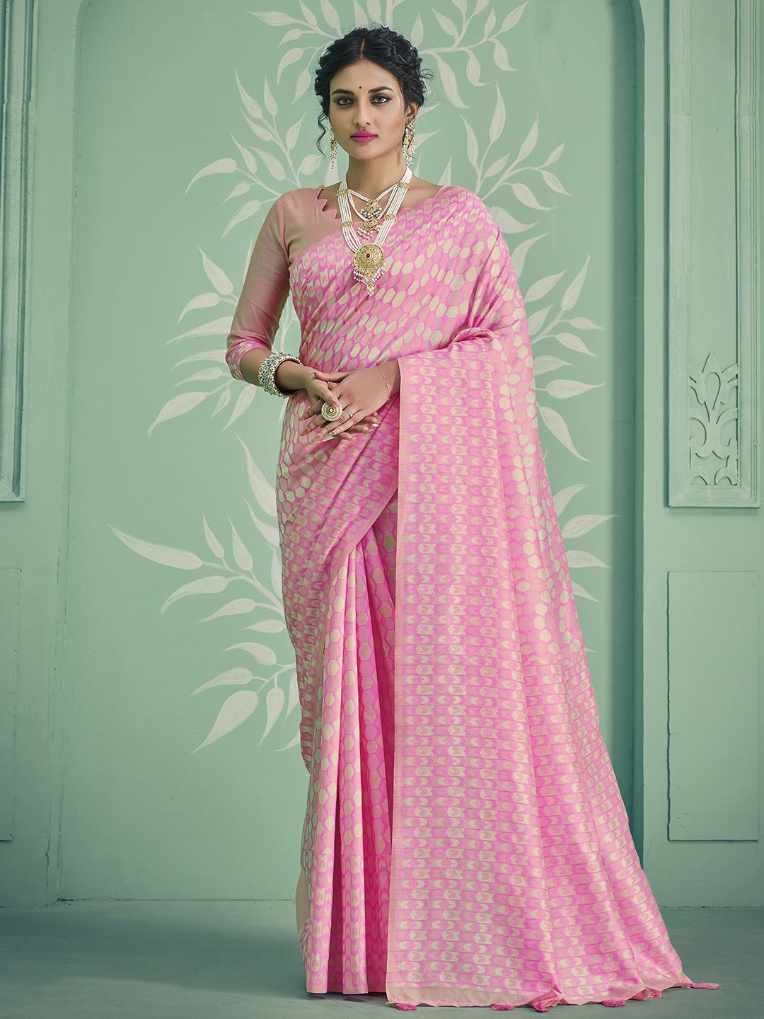 

Mitera Pink & Silver-Toned Woven Design Zari Saree