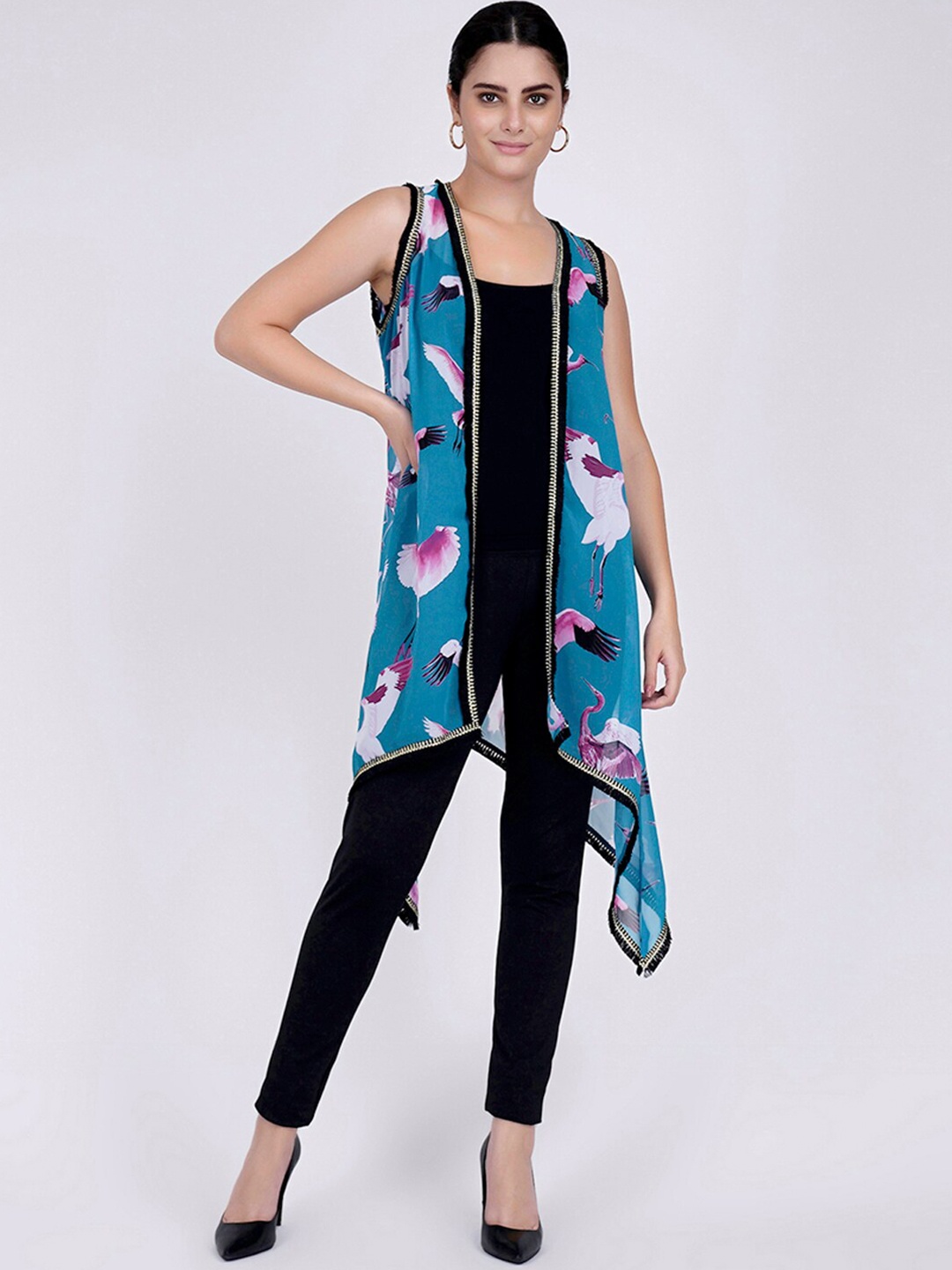 

First Resort by Ramola Bachchan Women Printed Sleeveless Longline Shrug, Blue