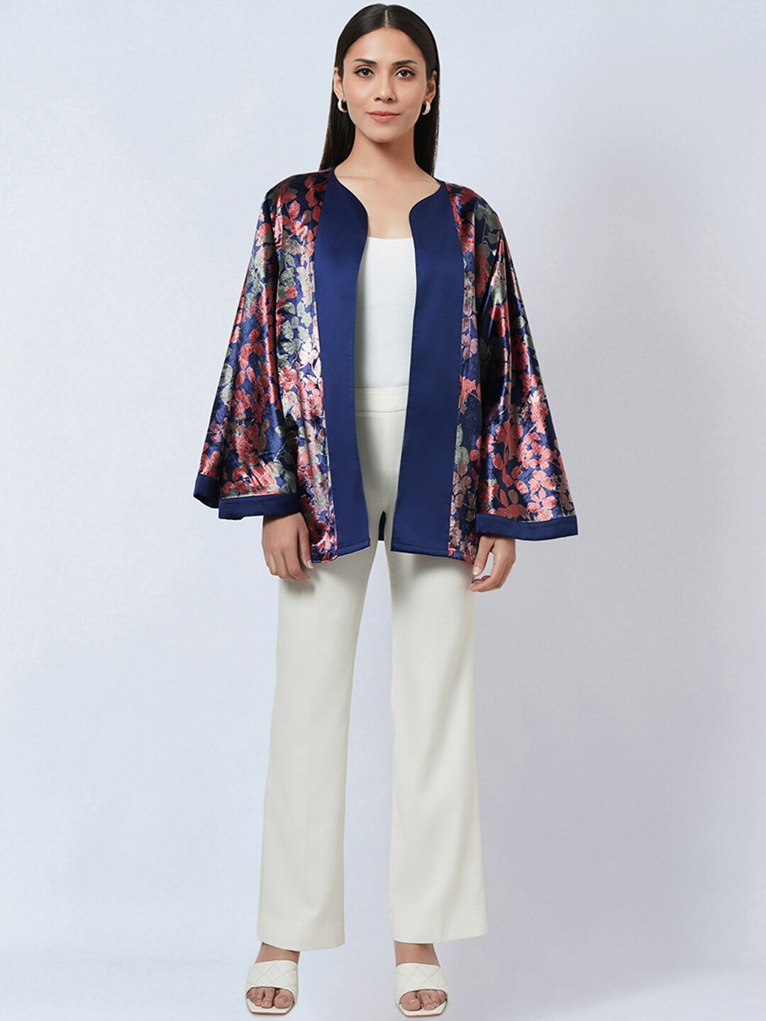 

First Resort by Ramola Bachchan Open Front Printed Shrug, Blue