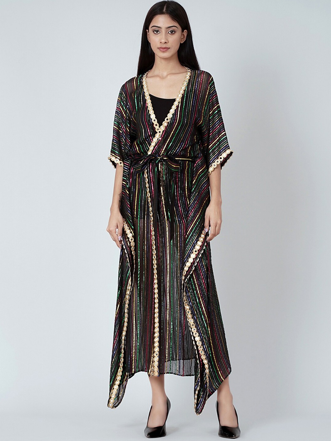 

First Resort by Ramola Bachchan Women Printed Longline Tie-Up Shrug, Black