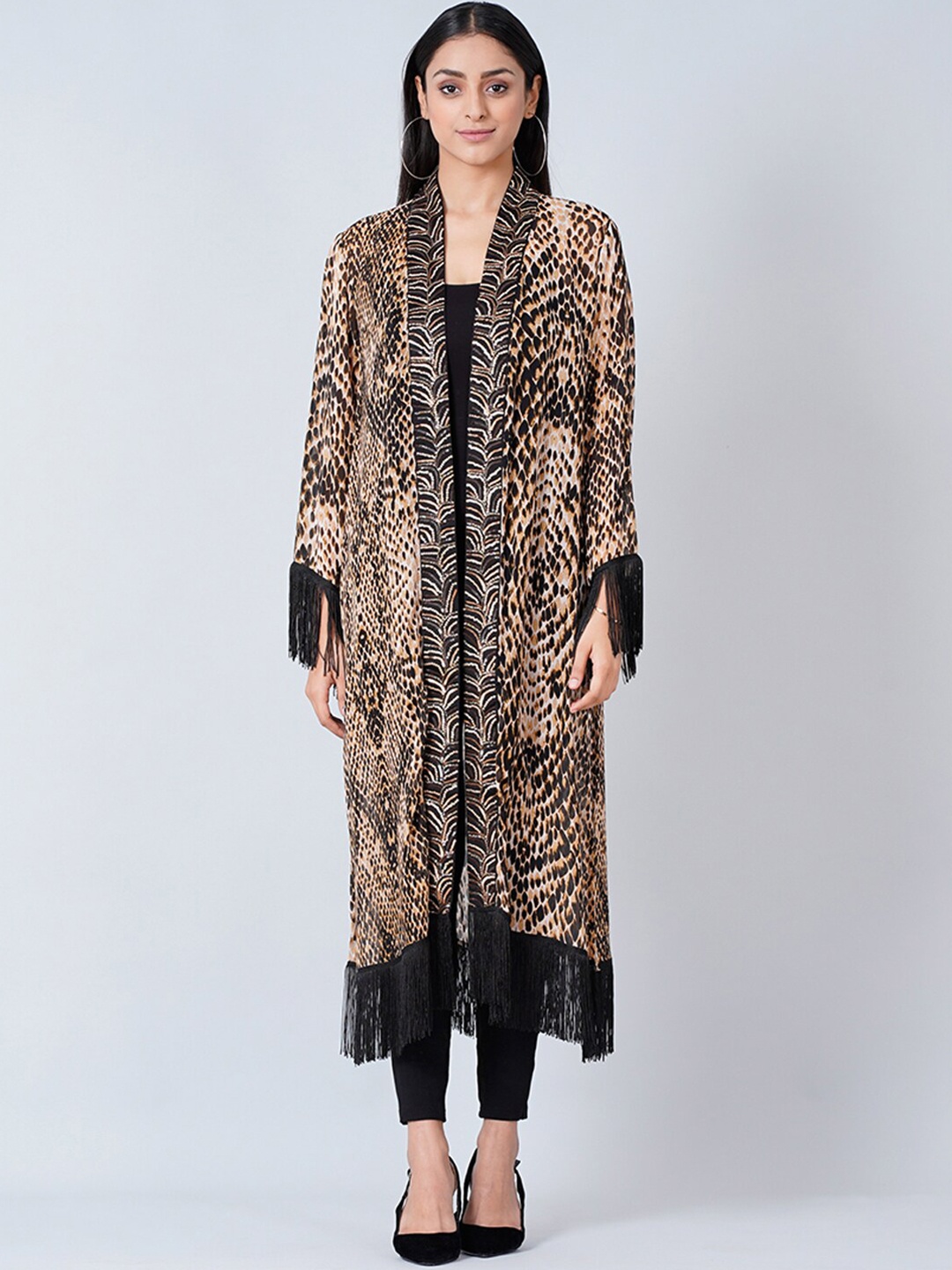 

First Resort by Ramola Bachchan Women Printed Longline Kimono Shrug, Brown