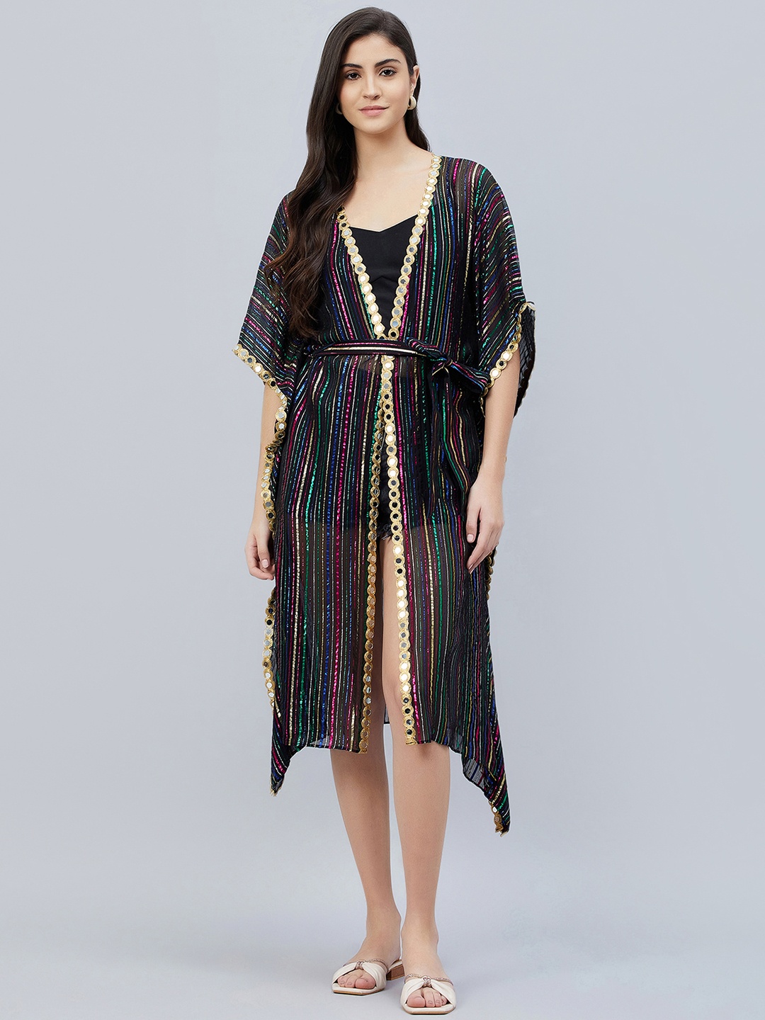 

First Resort by Ramola Bachchan Striped Lurex Short Cover-Up, Black
