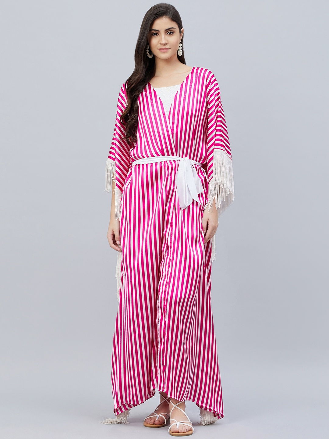 

First Resort by Ramola Bachchan Striped Straight Full Length Cover-Up Robe, Pink
