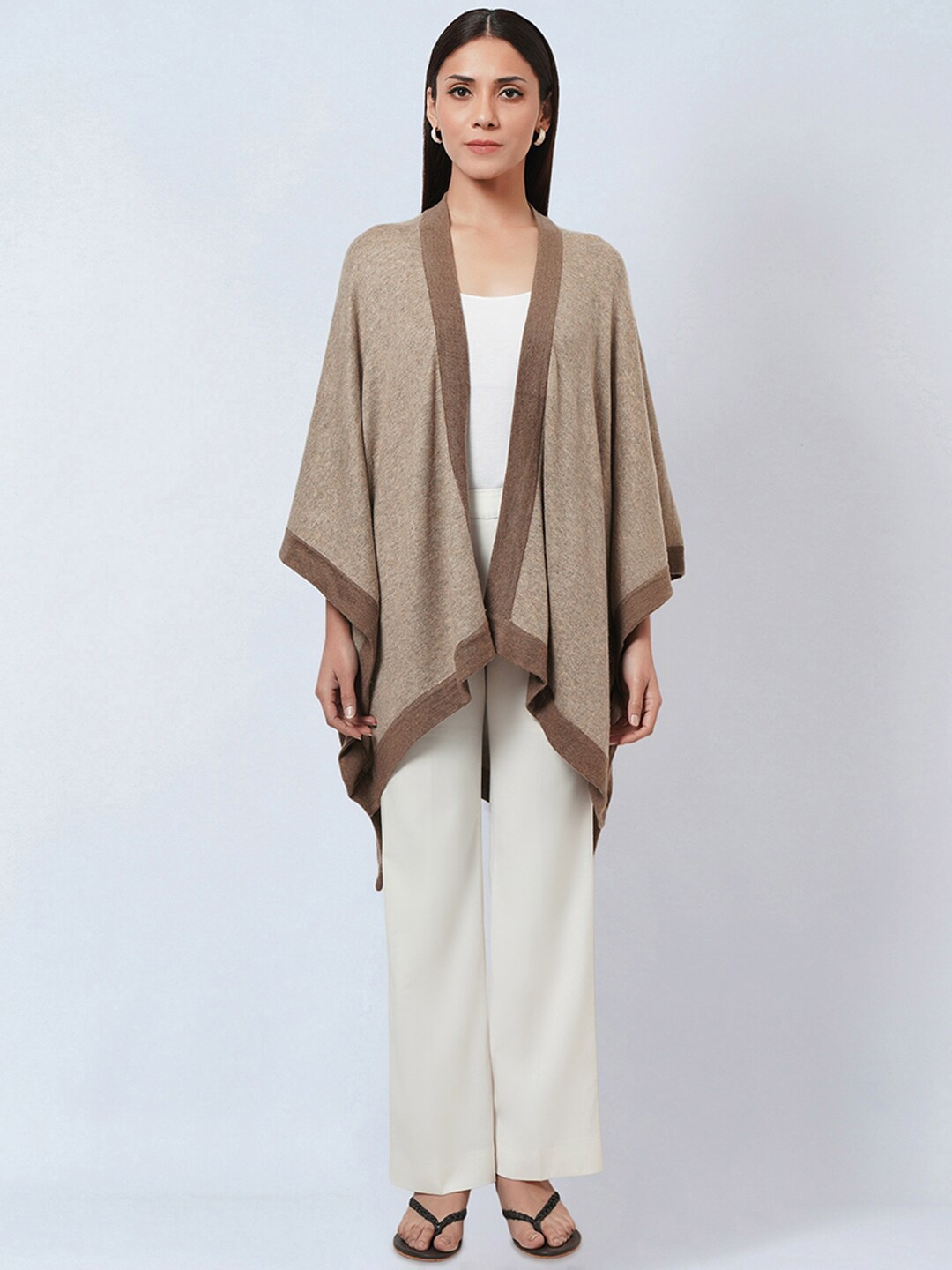 

First Resort by Ramola Bachchan Women Cashmere Cape Open Front Shrug, Beige