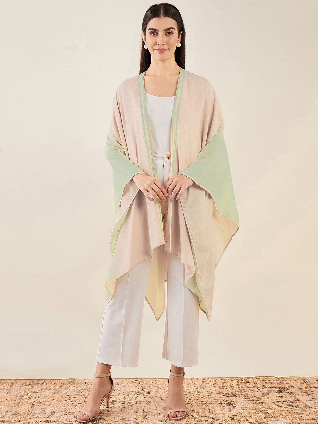 

First Resort by Ramola Bachchan Women Ombre Cashmere Longline Shrug, Peach