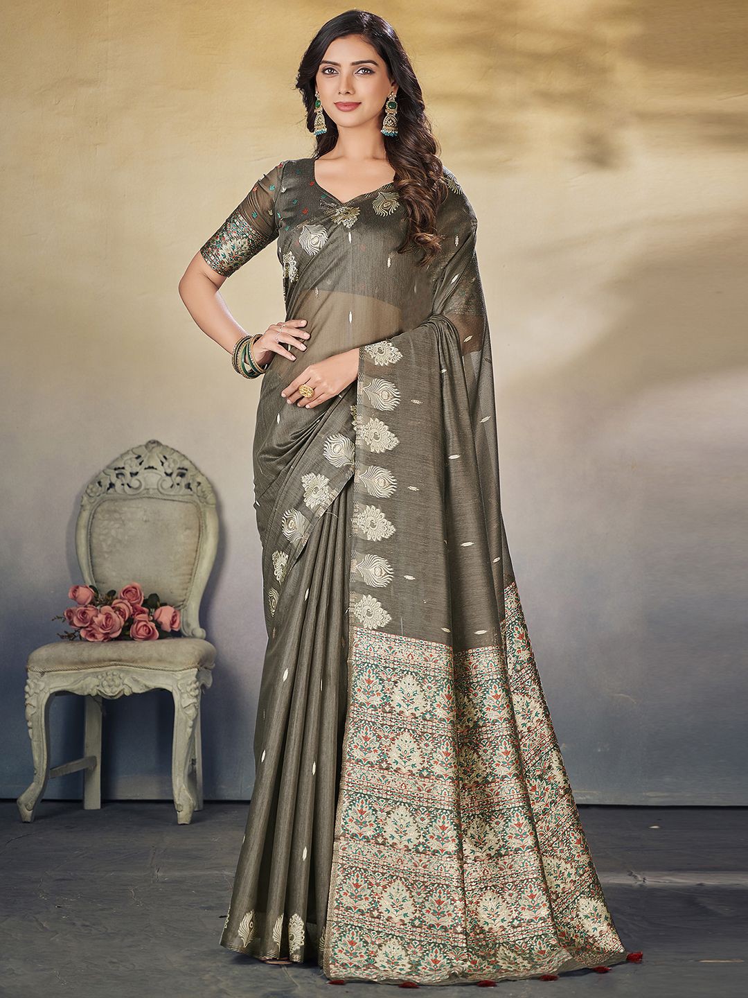 

Satrani Ethnic Motif Poly Cotton Saree With Tassel, Grey