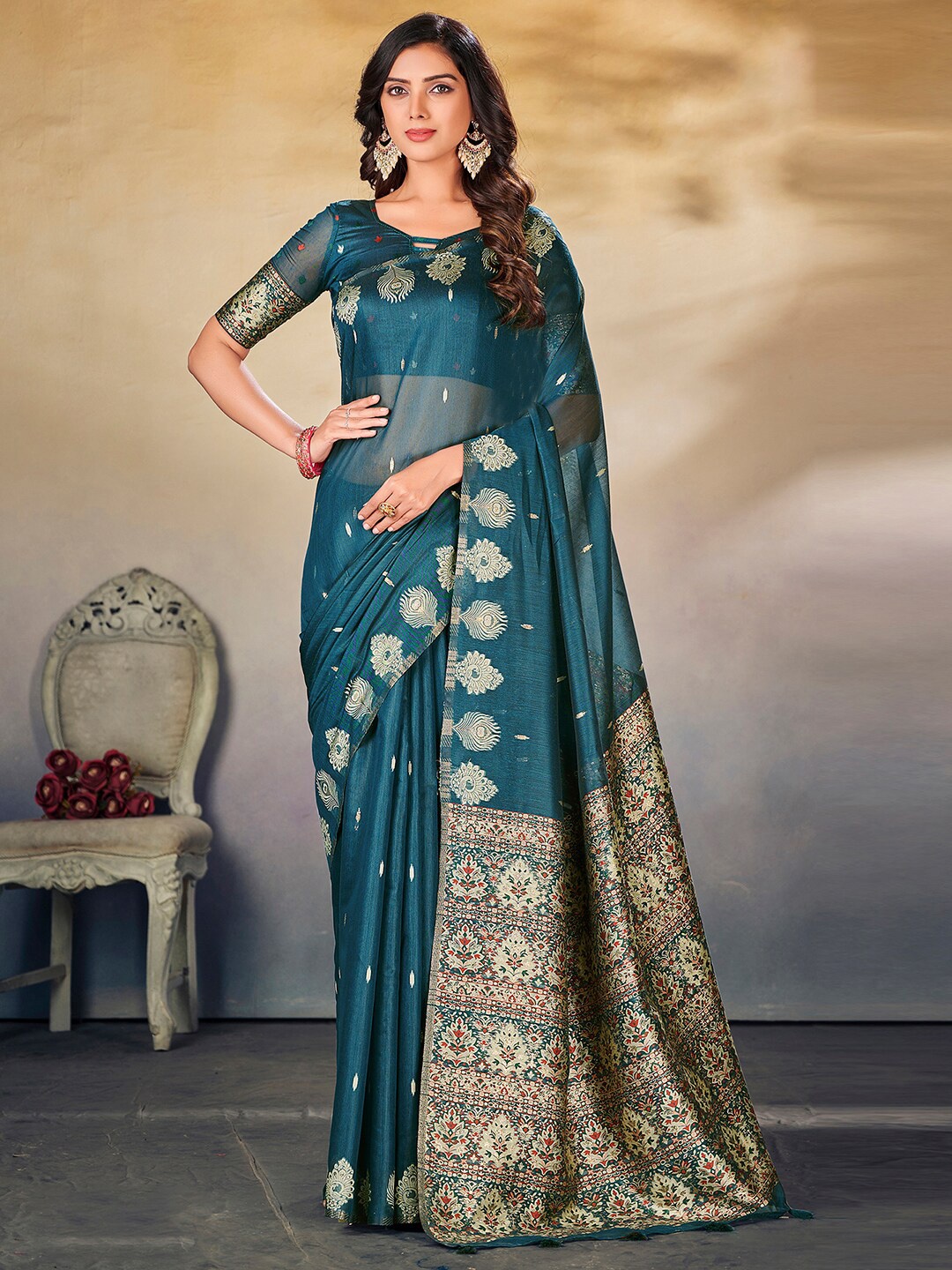 

Satrani Ethnic Motif Woven Design Zari Saree, Teal