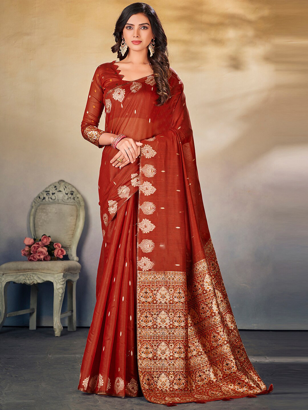 

Satrani Ethnic Motifs Woven Design Zari Saree, Red
