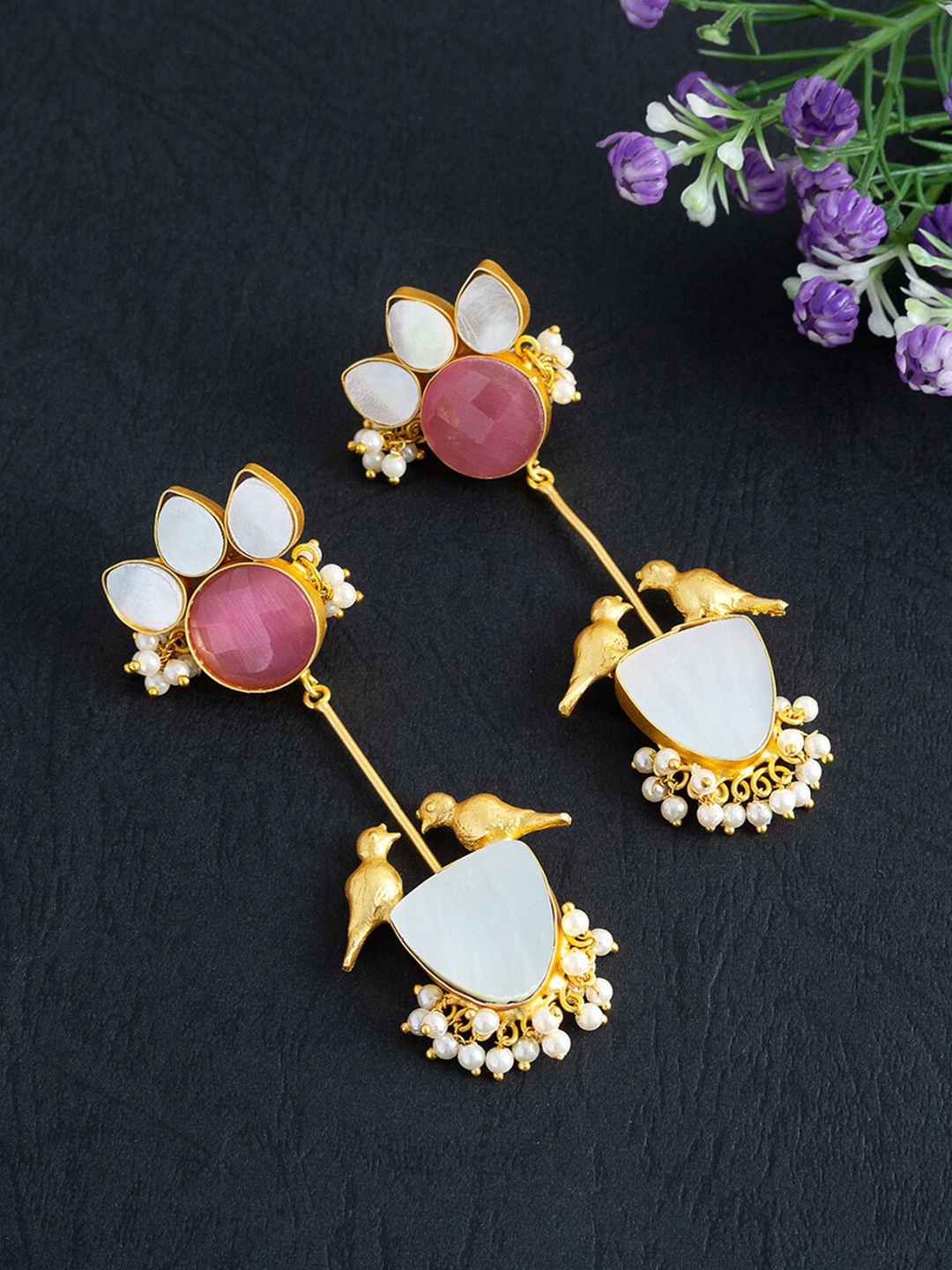 

Golden Peacock Gold-Plated Stone Studded Contemporary Drop Earrings