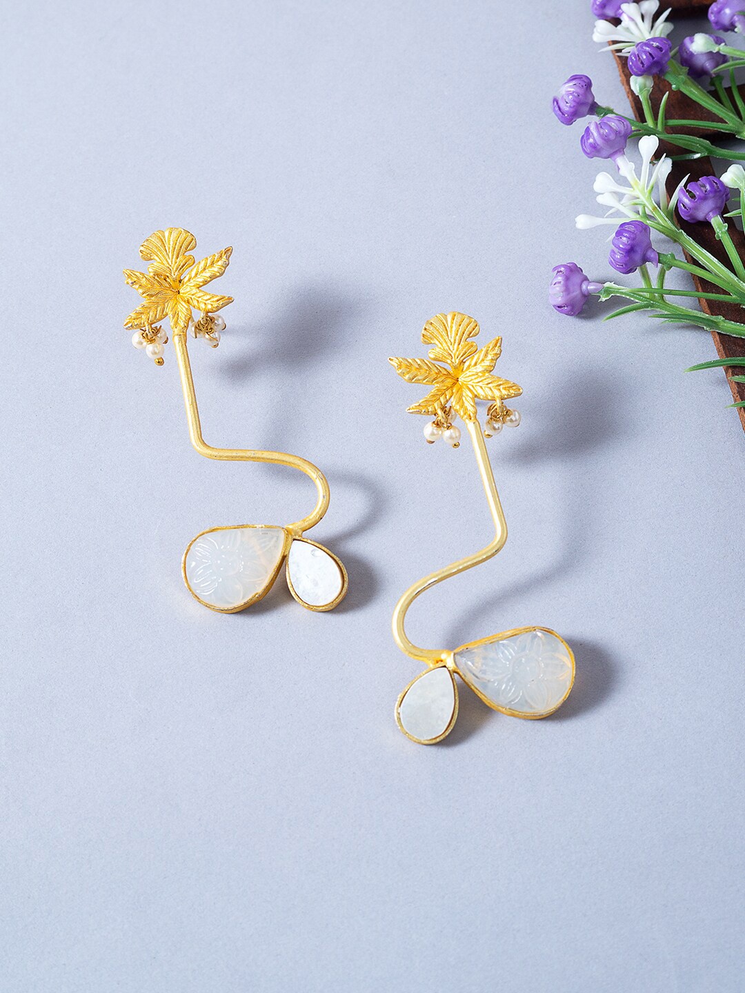 

Golden Peacock Floral Contemporary Drop Earrings, White