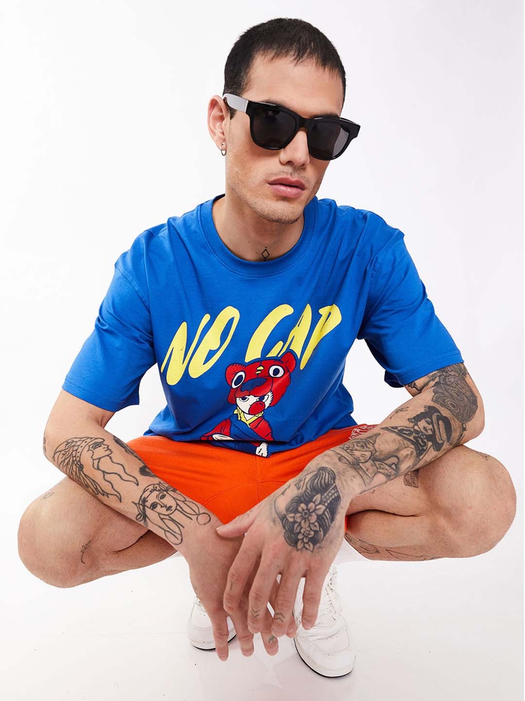 

Bonkers Corner Graphic Printed Drop Shoulder Sleeves Cotton Loose Fit T-shirt, Blue