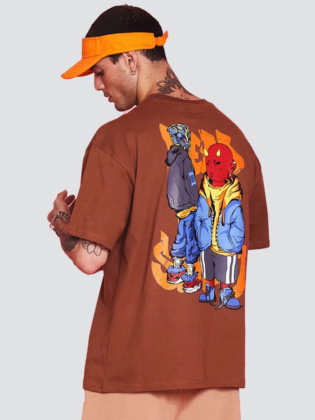

Bonkers Corner Graphic Printed Drop Shoulder Sleeves Cotton Loose Fit T-shirt, Brown