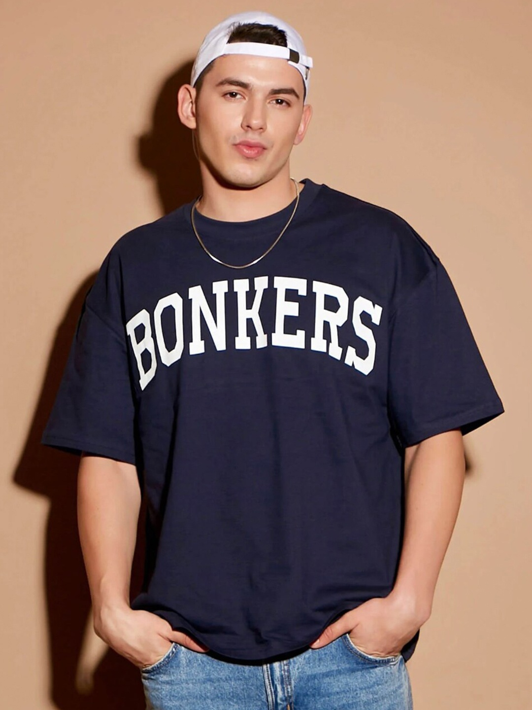 

Bonkers Corner Typography Printed Drop Shoulder Sleeves Cotton Oversized Fit T-shirt, Navy blue