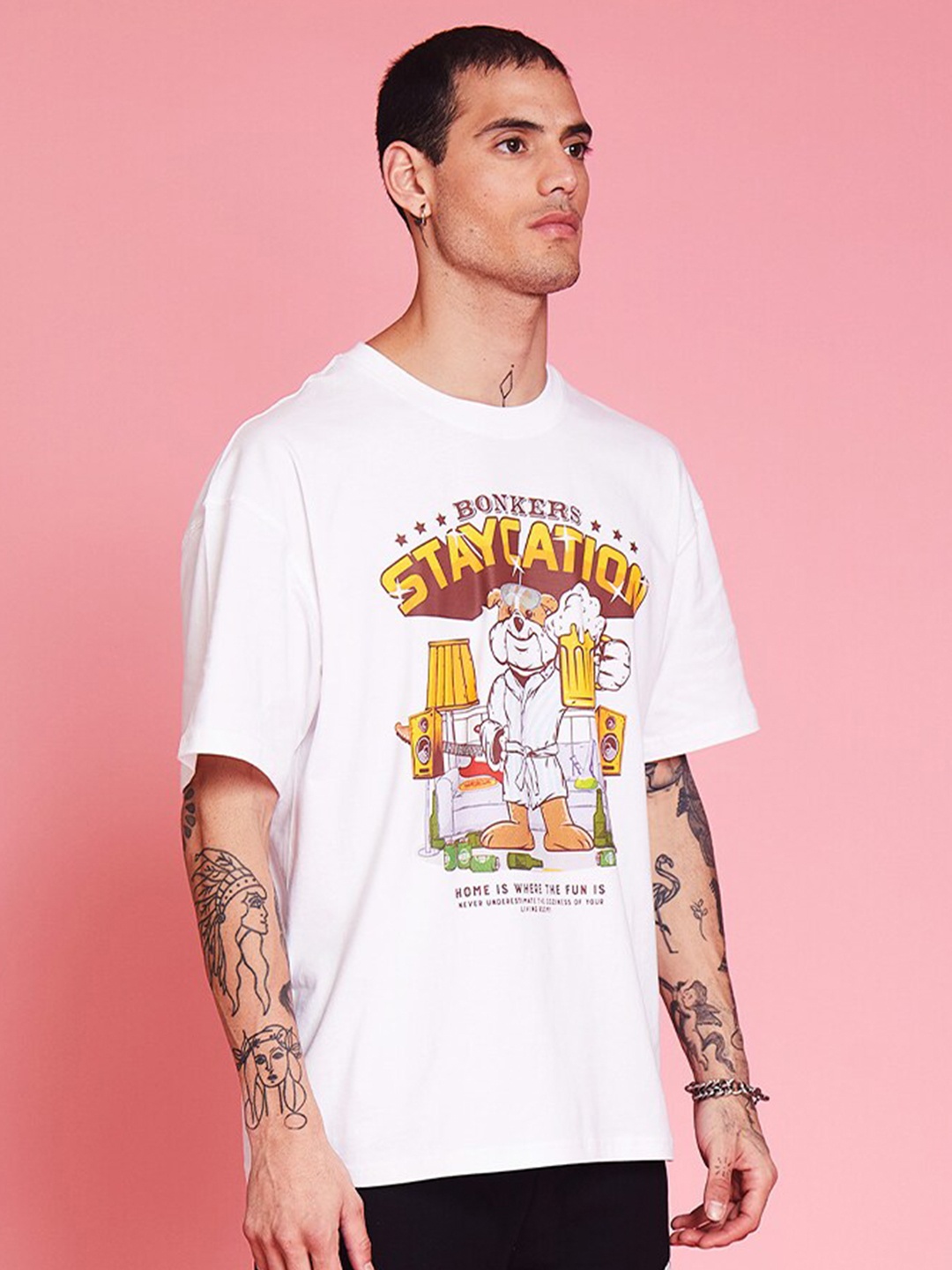 

Bonkers Corner Graphic Printed Drop-Shoulder Sleeves Loose Cotton T-shirt, White