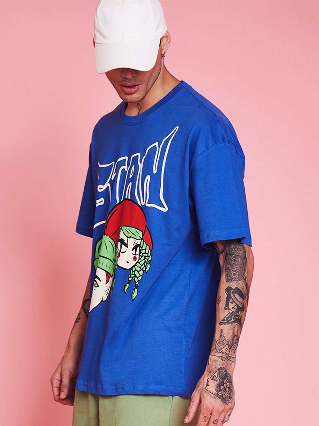 

Bonkers Corner Graphic Printed Drop-Shoulder Sleeves Loose Cotton T-shirt, Blue