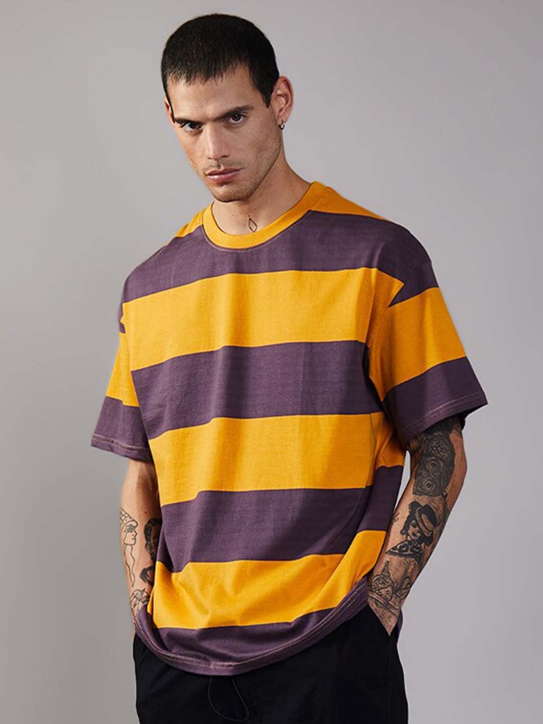 Bonkers Corner Striped Drop Shoulder Sleeves Cotton Oversized Fit T-shirt, Yellow