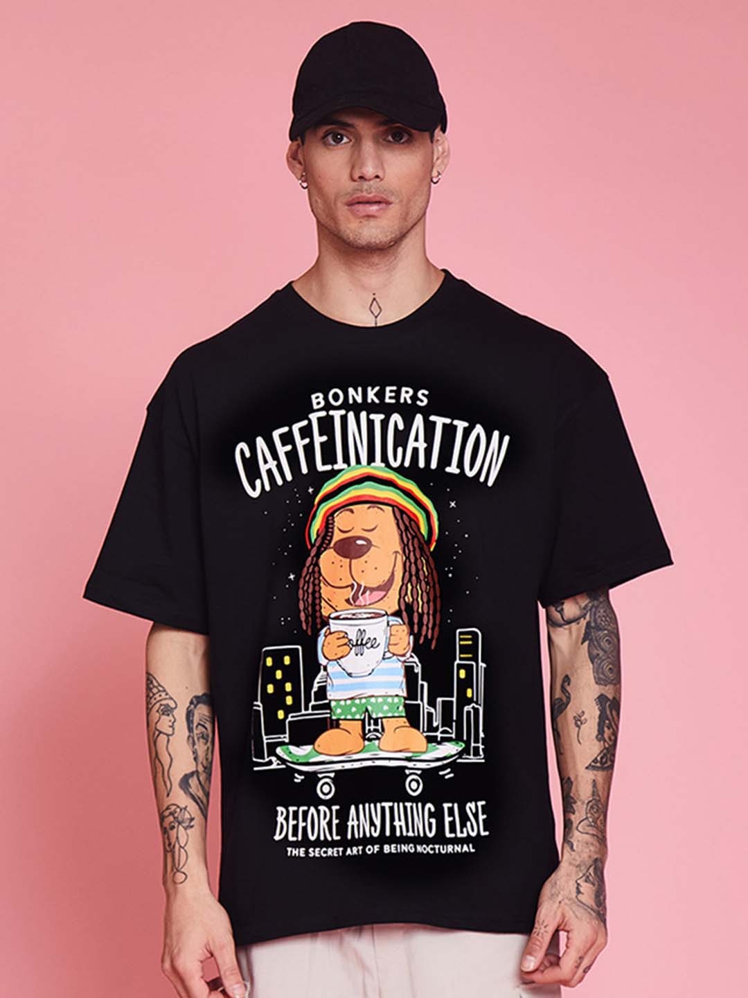 

Bonkers Corner Black Caffeinication Printed Drop Shoulder Sleeves Cotton Oversized T-shirt