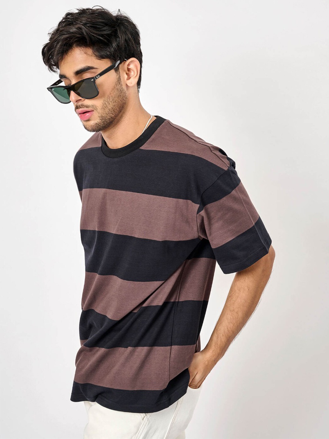 

Bonkers Corner Striped Drop Shoulder Sleeves Cotton Loose Fit T-shirt, Brown