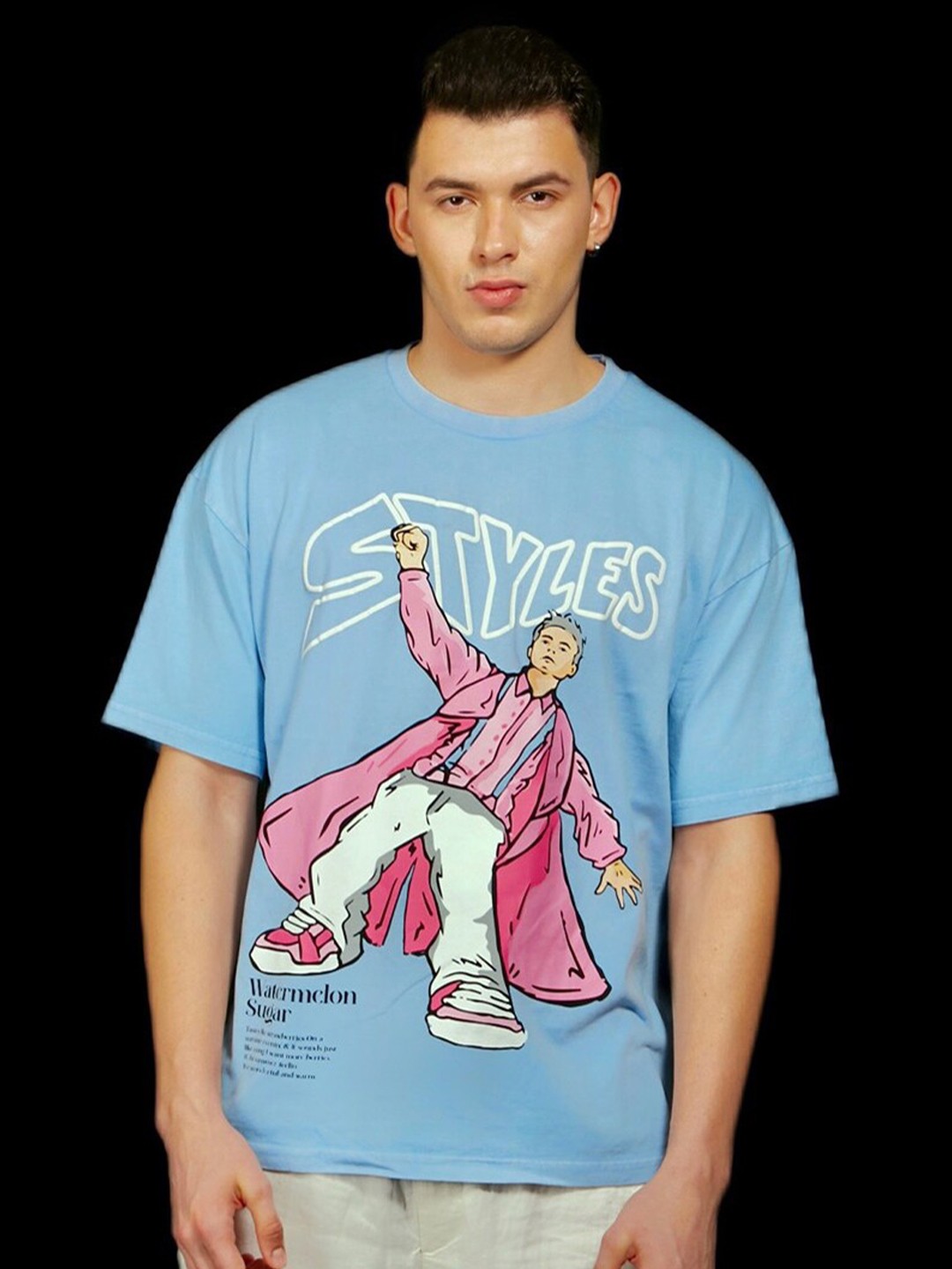 

Bonkers Corner Graphic Printed Drop-Shoulder Sleeves Loose Cotton T-shirt, Blue
