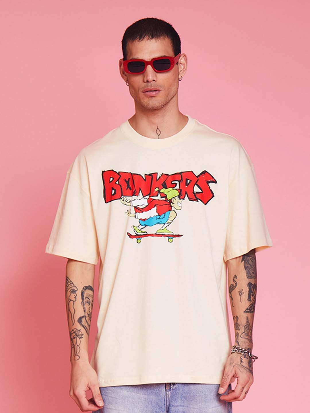 

Bonkers Corner Typography Printed Drop Shoulder Sleeves Cotton Loose Fit T-shirt, Cream
