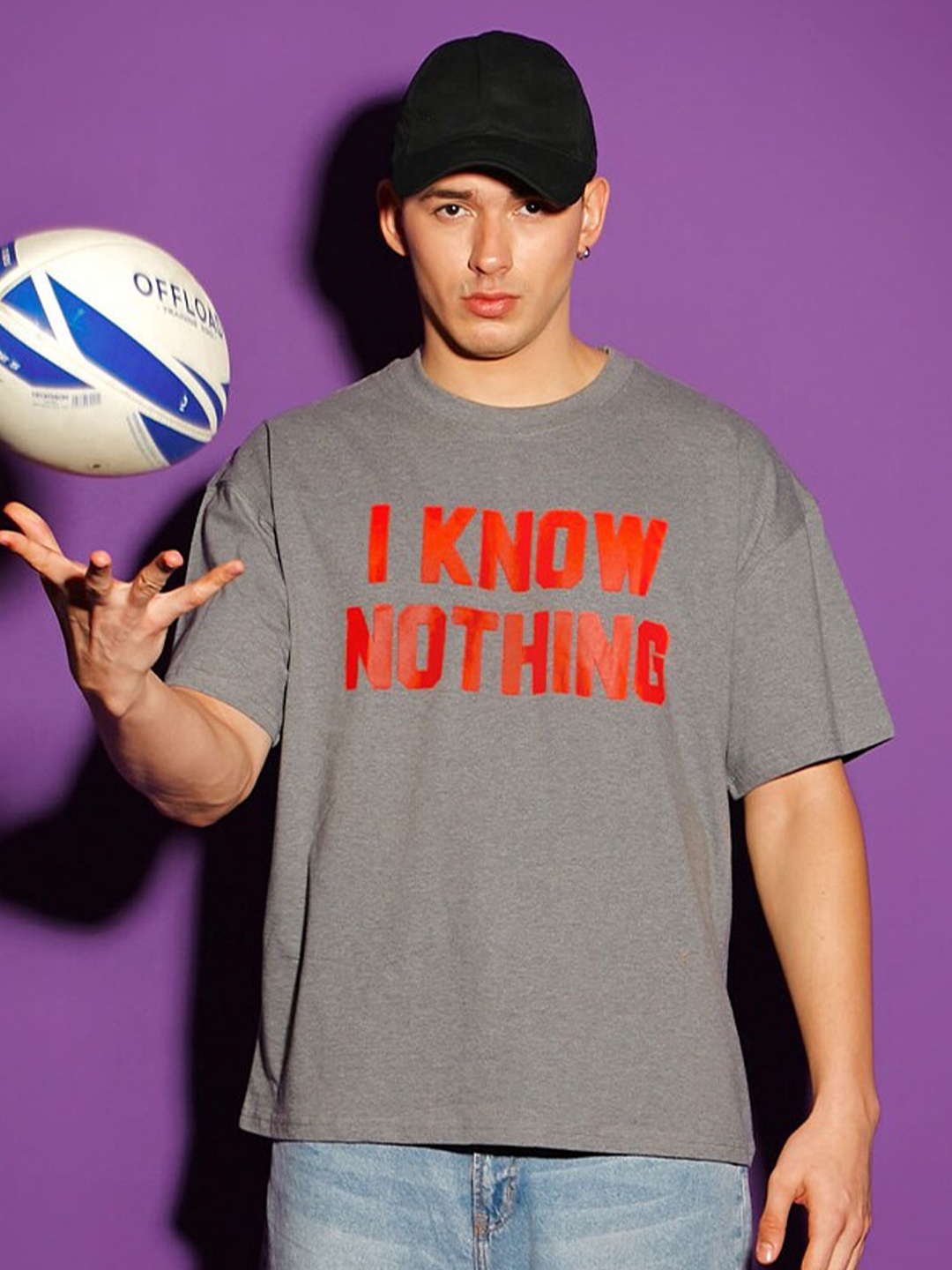

Bonkers Corner Typography Printed Drop Shoulder Sleeves Cotton Loose Fit Sports T-shirt, Grey
