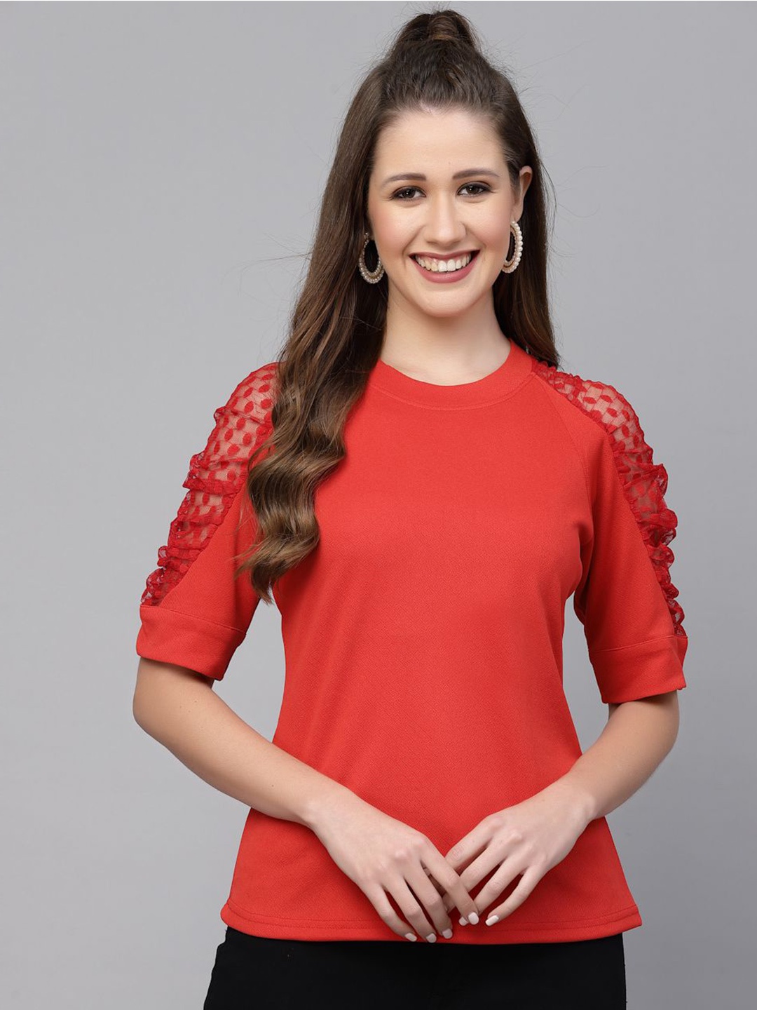 

Selvia Round Neck Raglan Sleeves Top, Red