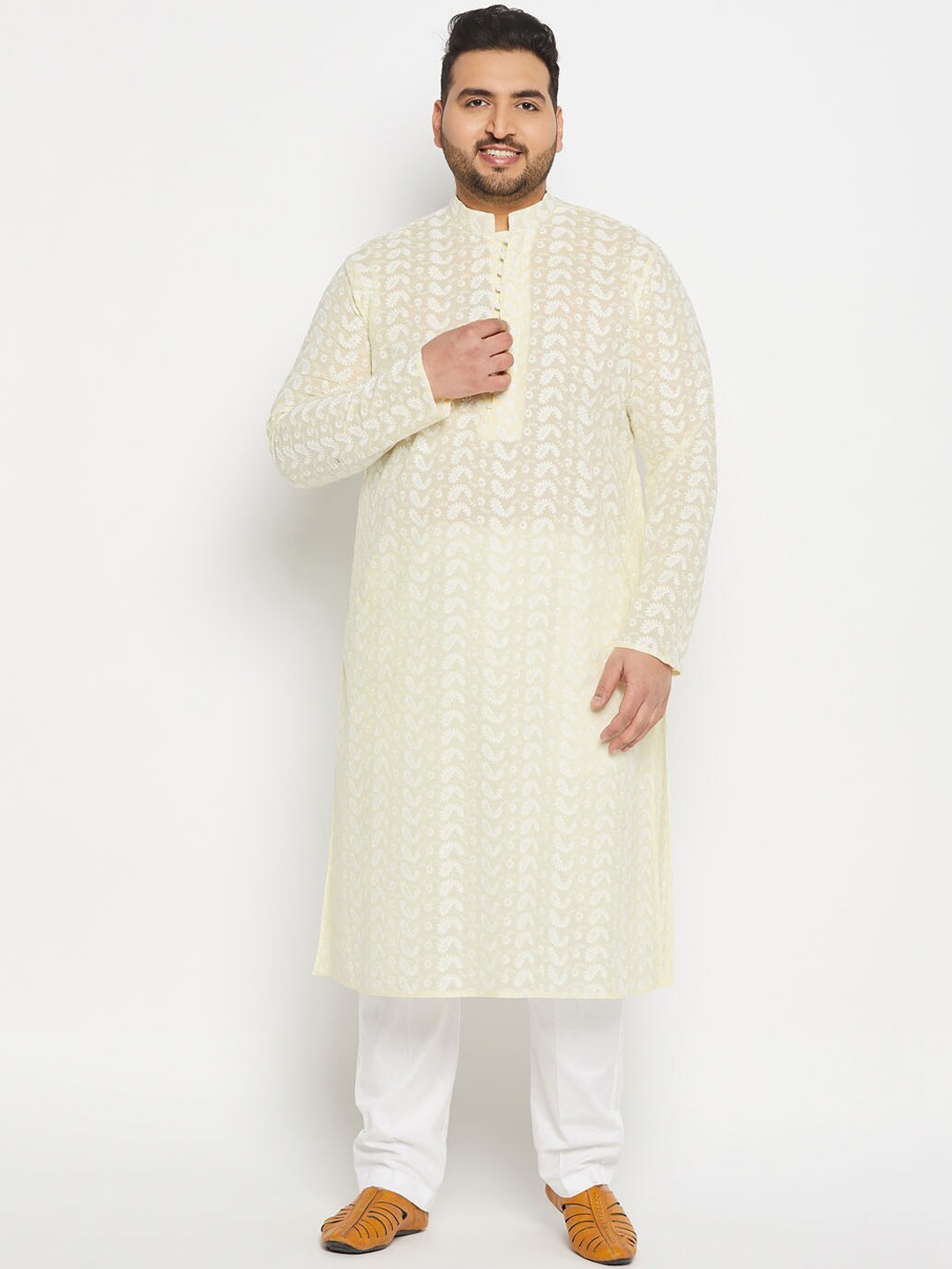 

VASTRAMAY Men Plus Size Embroidered Chikankari Pure Cotton Kurta With Trousers, Yellow