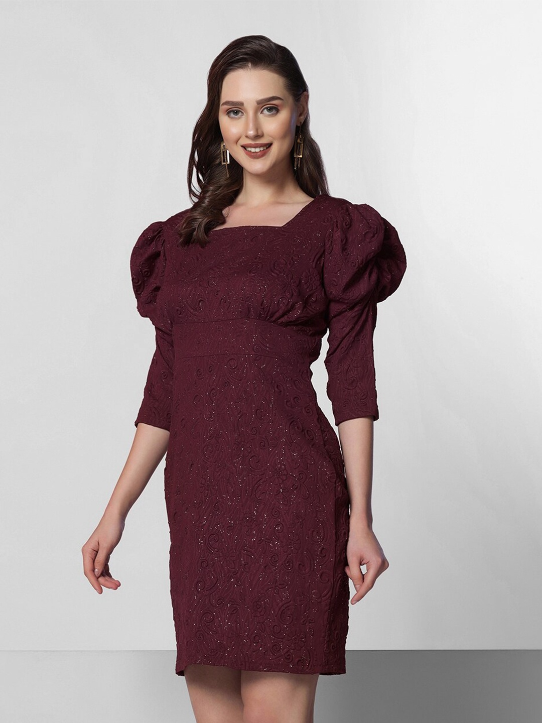 

Selvia Maroon Square Neck Puff Sleeve Sheath Dress