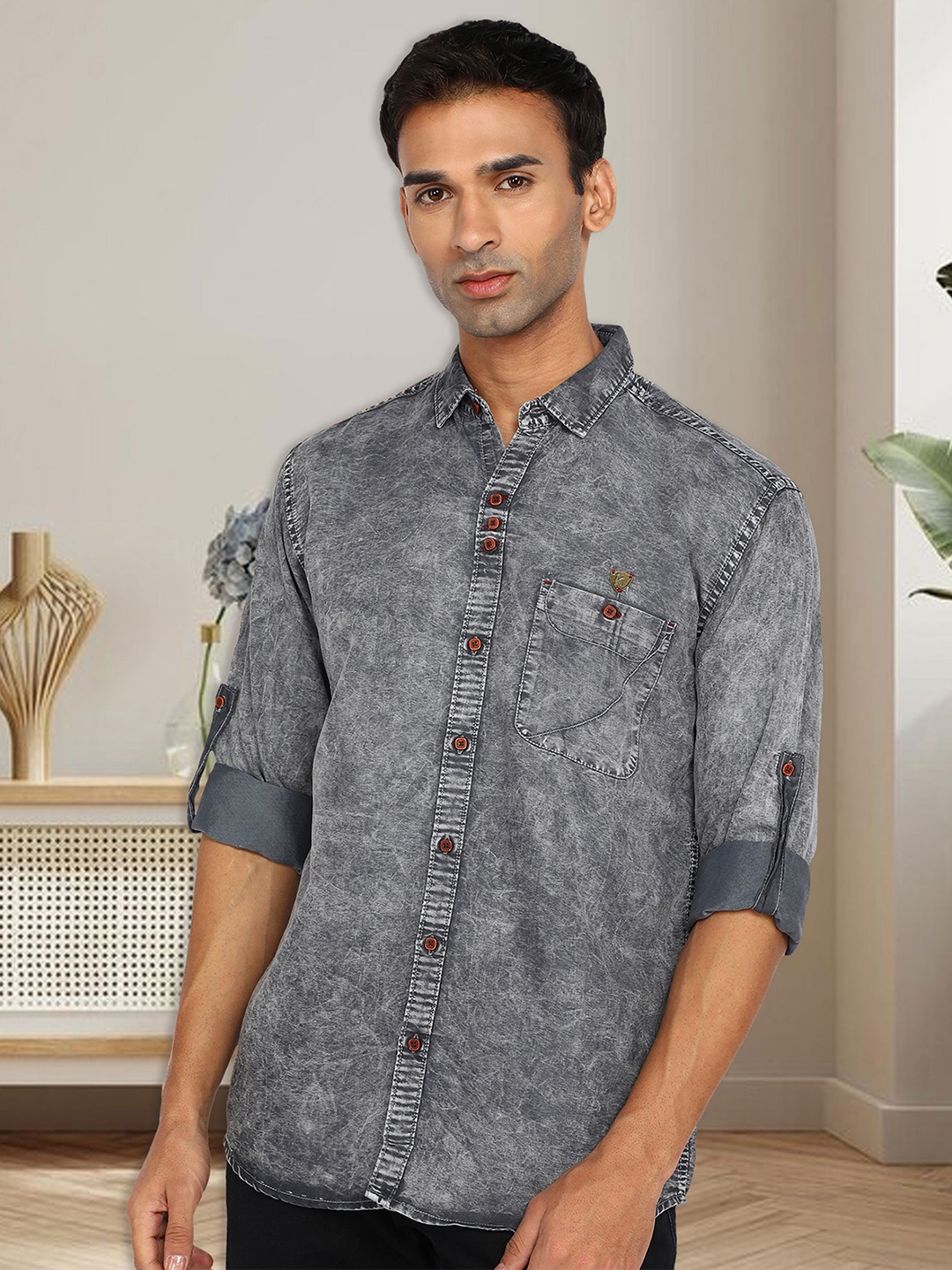 

Kuons Avenue Smart Slim Fit Faded Denim Casual Shirt, Grey