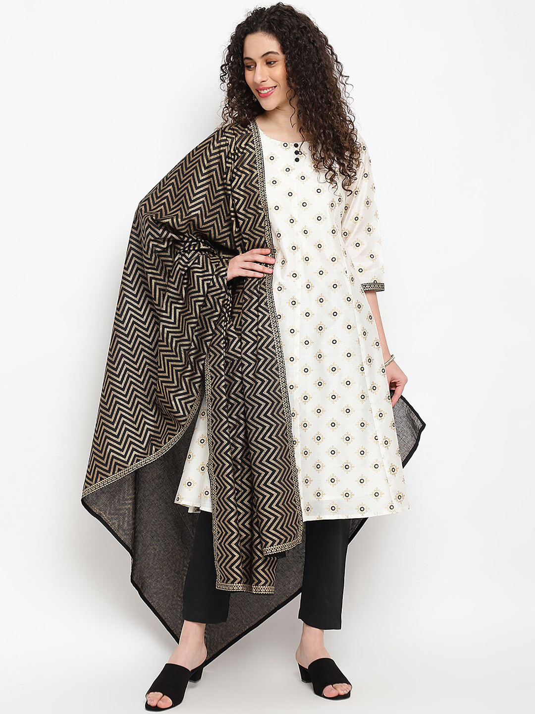 

IMARA Ethnic Motifs Printed Chanderi Cotton Kurta with Trousers & Dupatta, Off white
