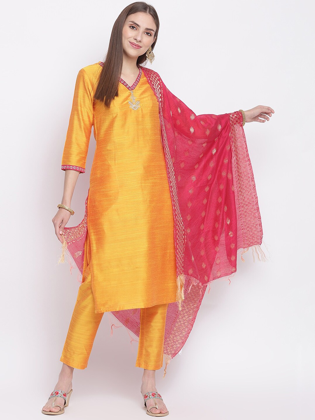 

IMARA Floral Embroidered Sequined Kurta with Trousers & Dupatta, Mustard