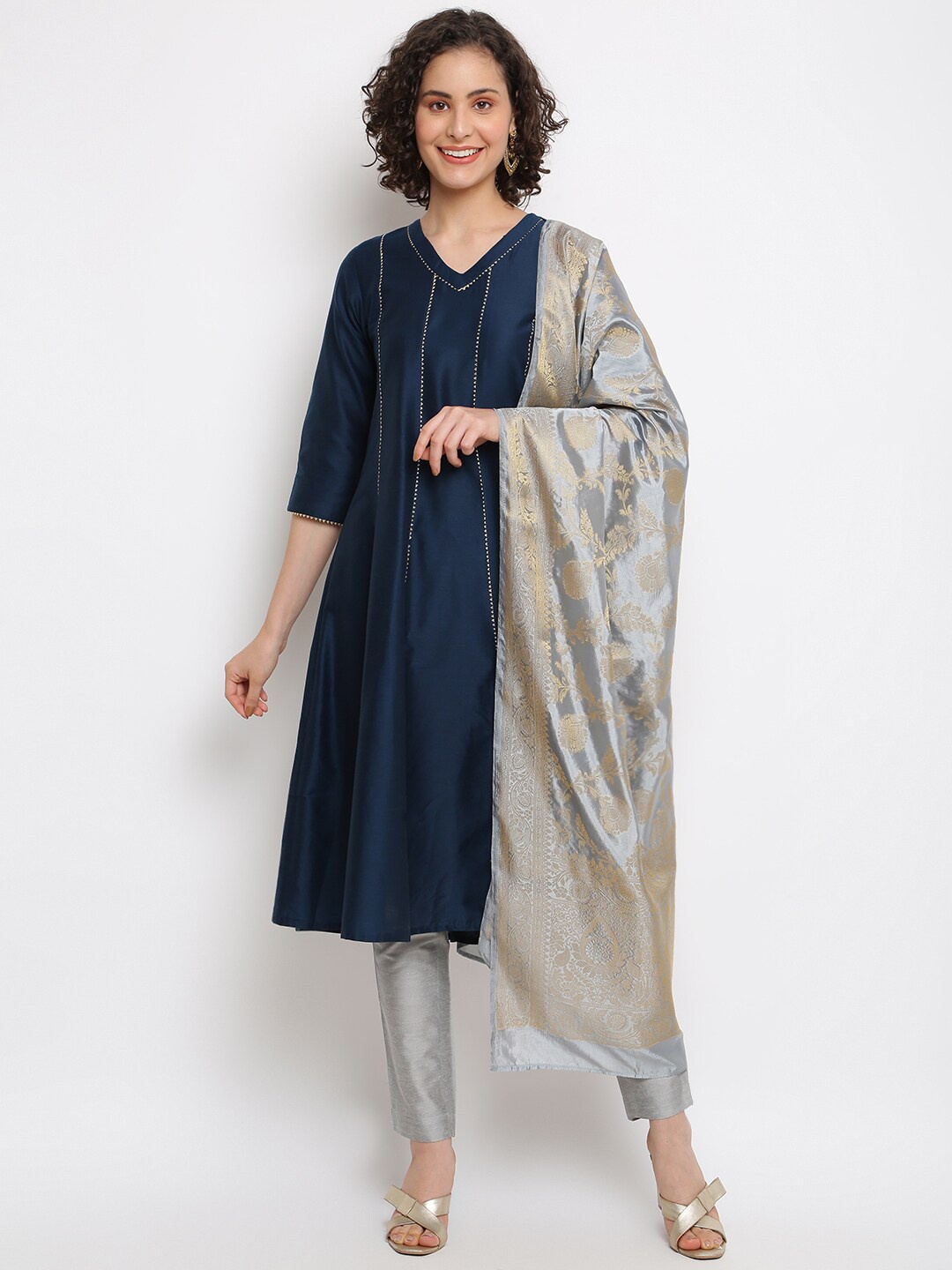 

IMARA Gotta Patti Chanderi Cotton Kurta with Trousers & Dupatta, Navy blue