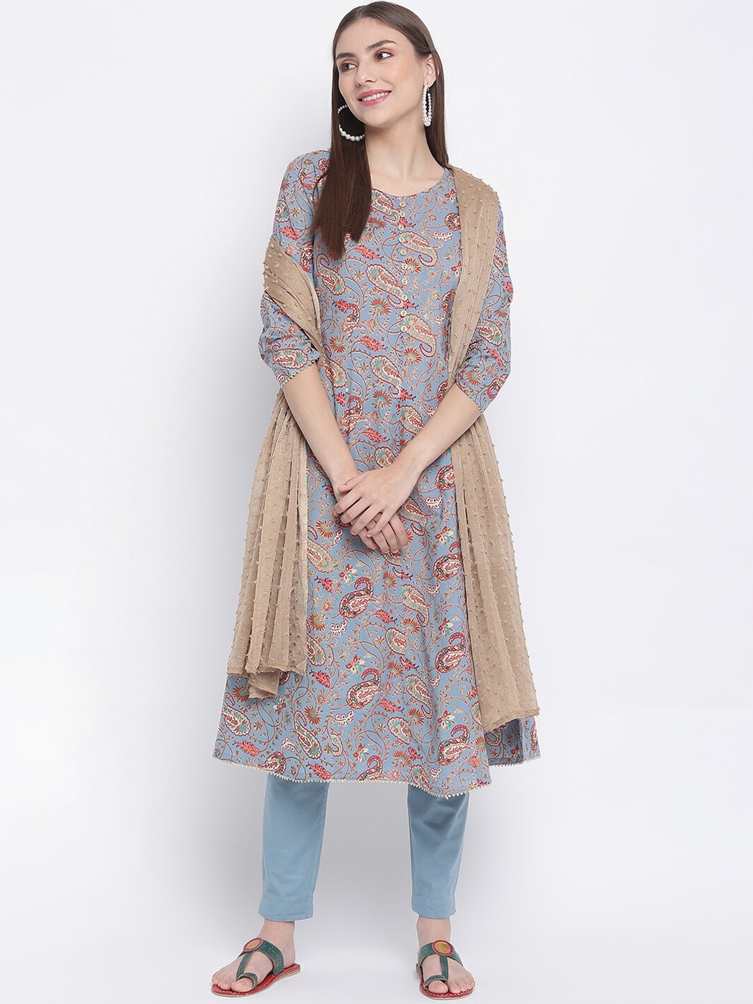 

IMARA Ethnic Motifs Printed Pure Cotton Kurta & Trousers With Dupatta, Blue