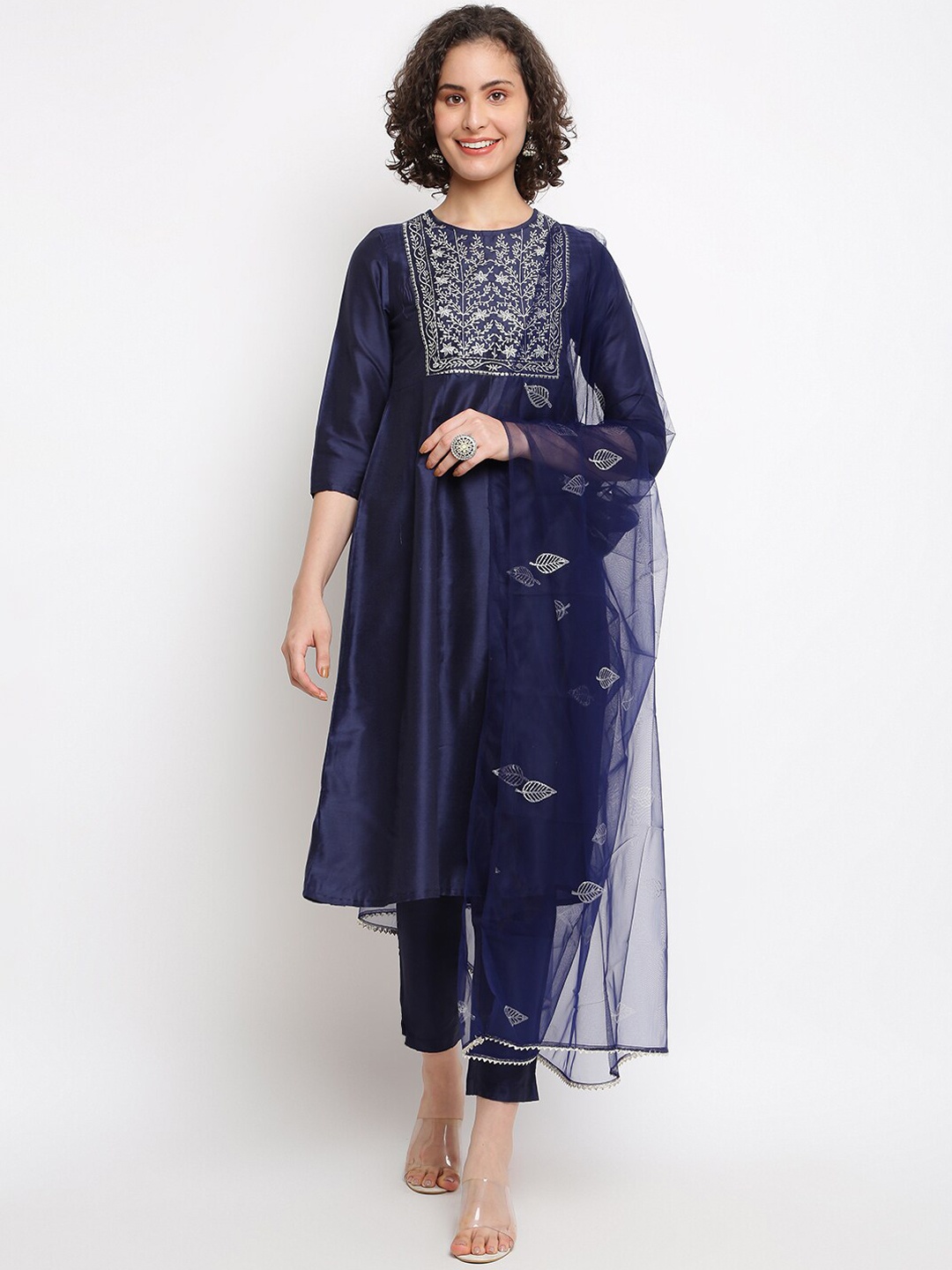 

IMARA Floral Embroidered Anarkali Kurta with Trousers & Dupatta, Navy blue