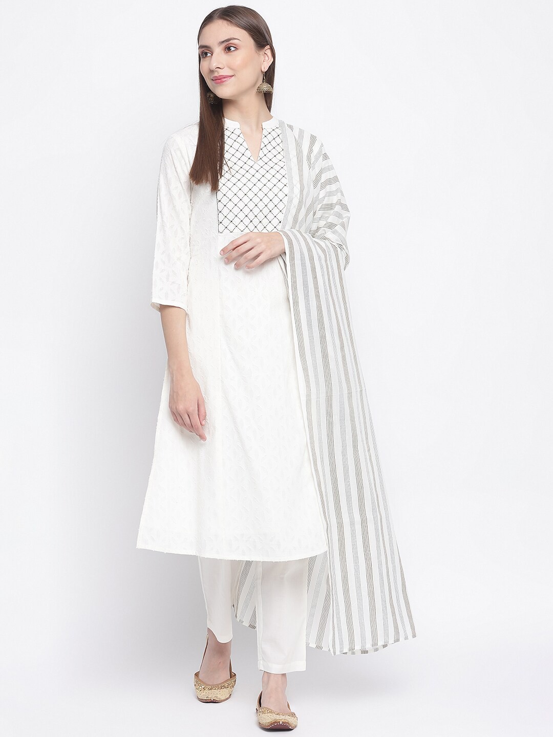 

IMARA Woven Design Straight Kurta with Trousers & Dupatta, Off white