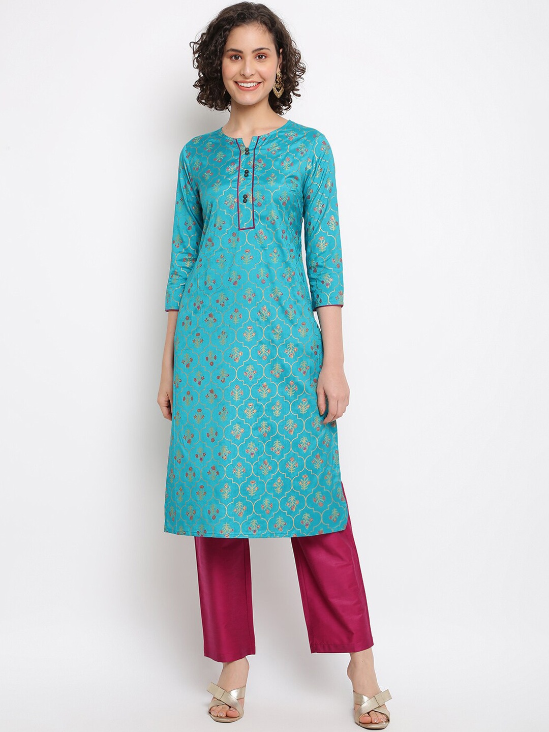 

IMARA Floral Printed Straight Kurta with Trousers, Teal