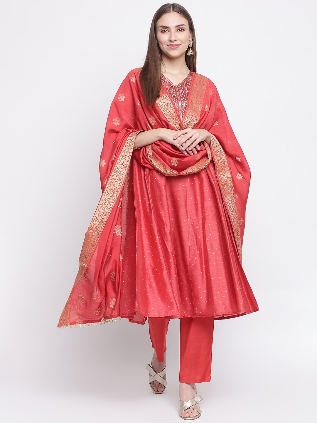 

IMARA Ethnic Motifs Embroidered Chanderi Cotton Kurta With Trousers & Dupatta, Coral