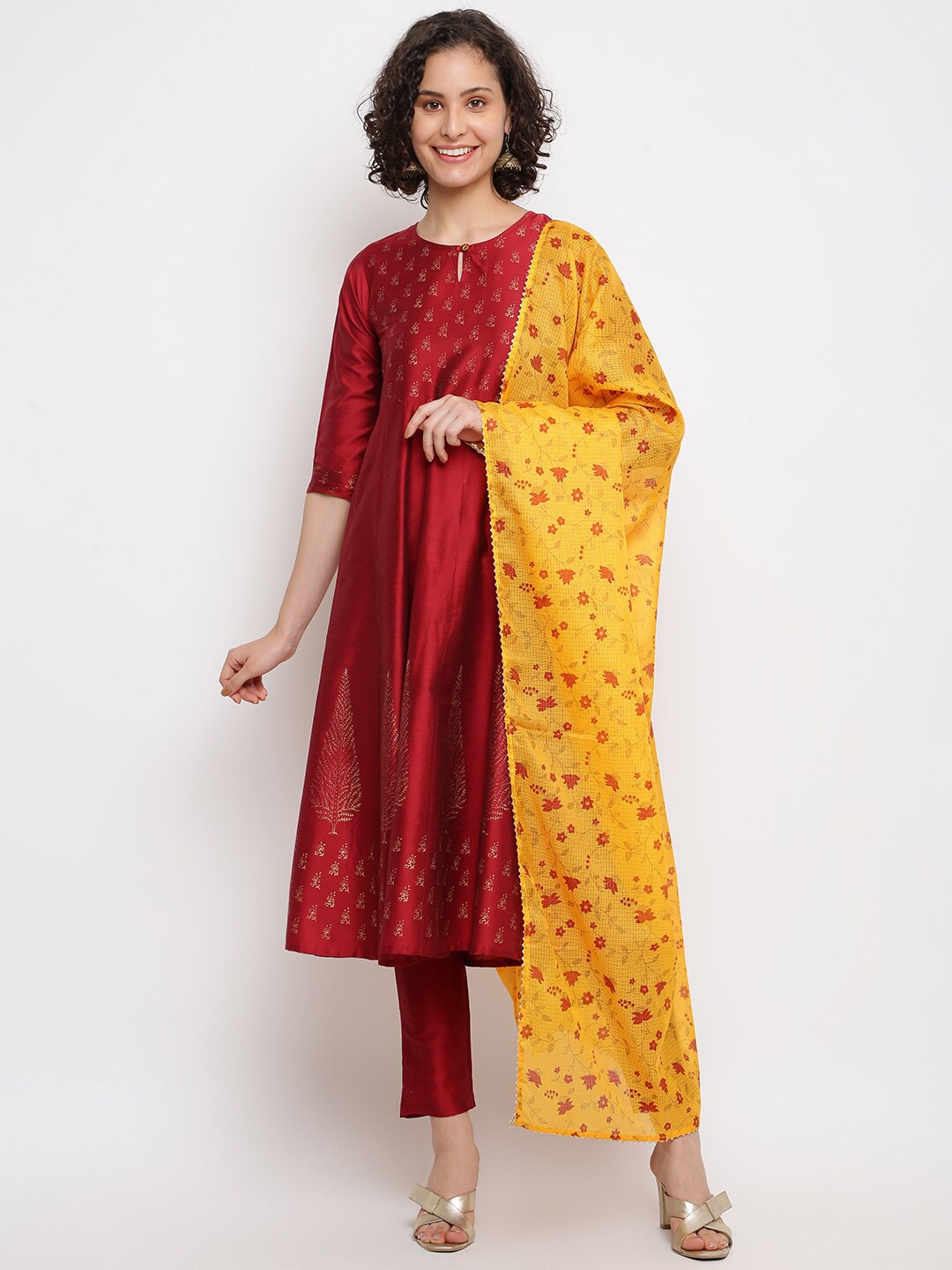 

IMARA Floral Printed Anarkali Kurta with Trousers & Dupatta, Maroon