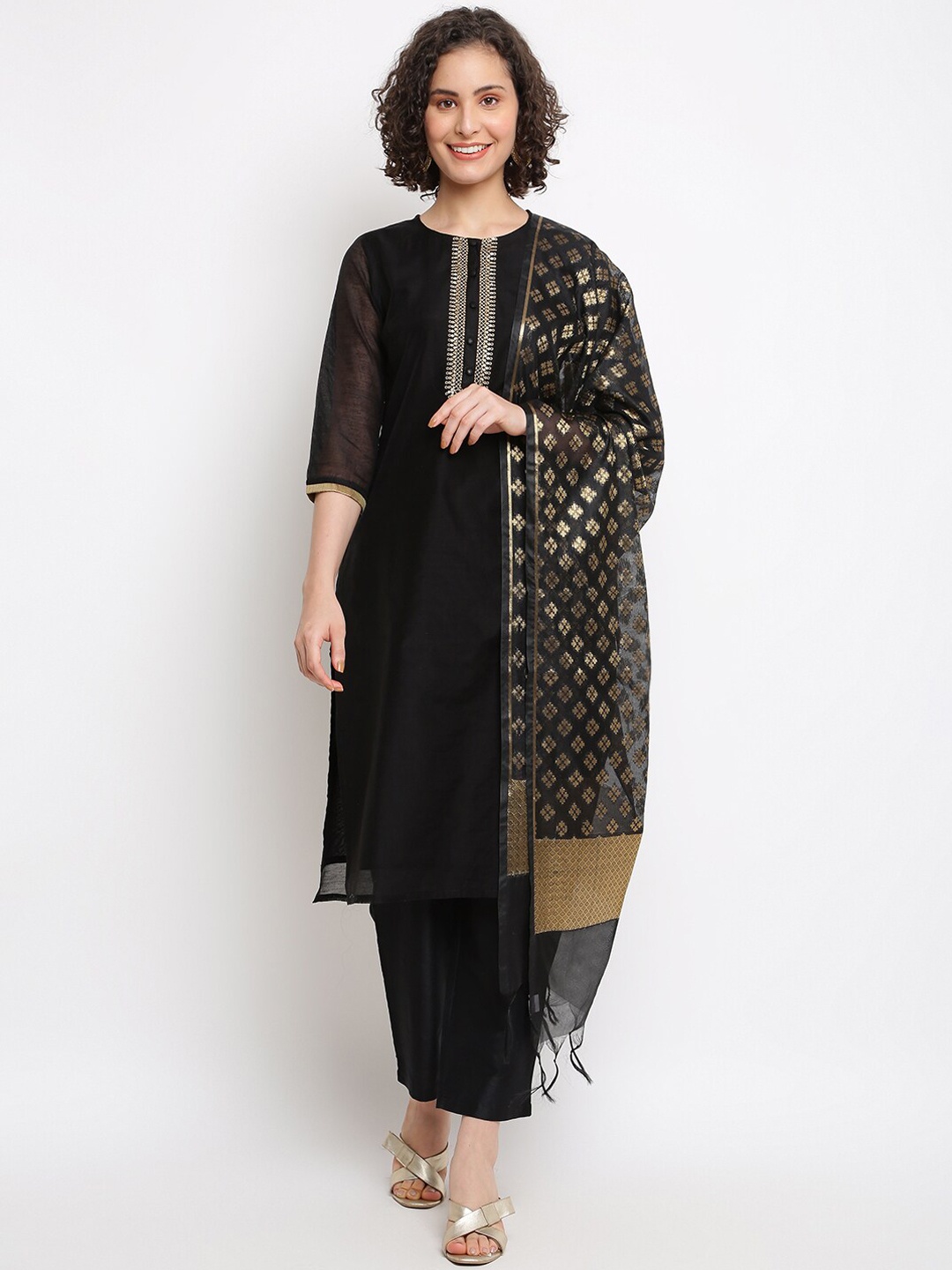 

IMARA Sequined Chanderi Cotton Kurta with Trousers & Dupatta, Black