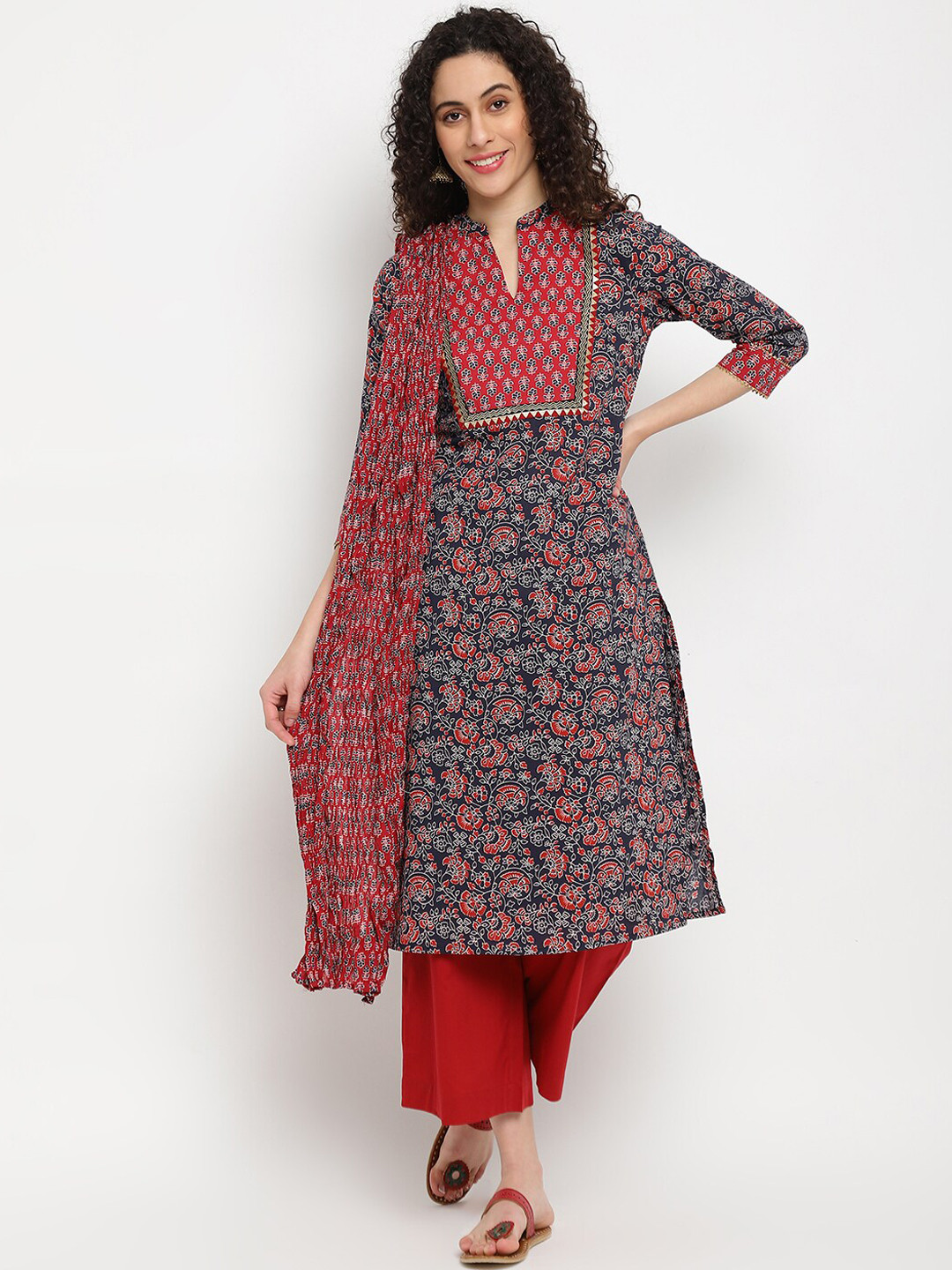

IMARA Floral Printed Mandarin Collar Pure Cotton Kurta & Trousers With Dupatta, Navy blue
