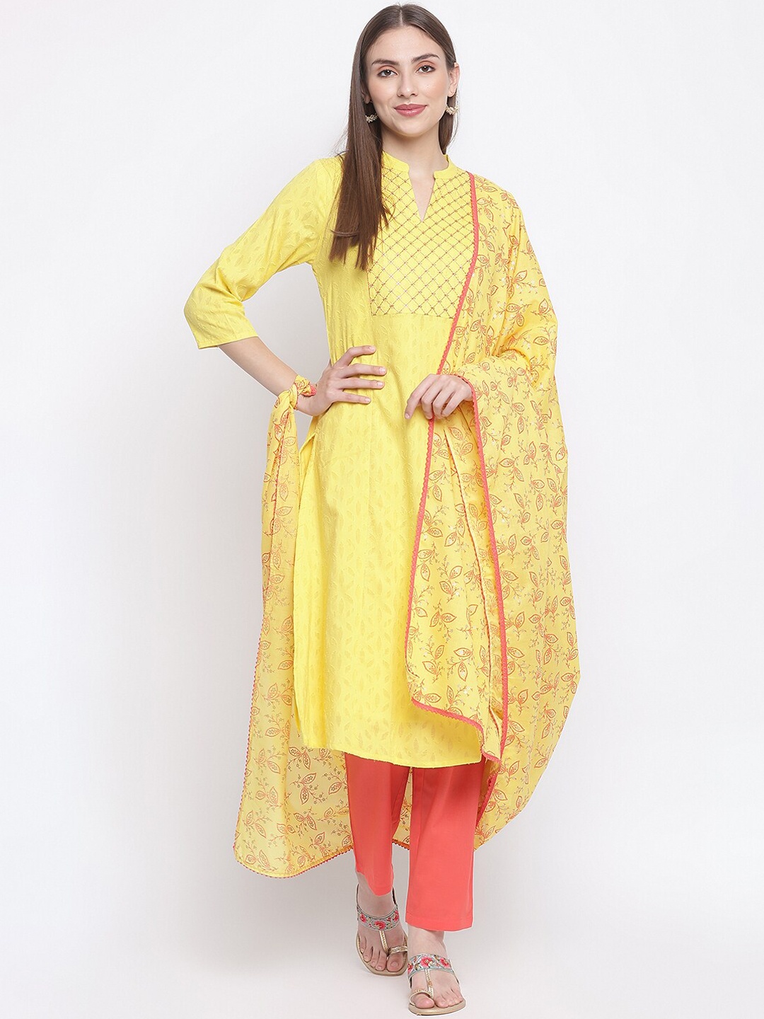 

IMARA Woven Design Thread Work Kurta with Trousers & Dupatta, Yellow