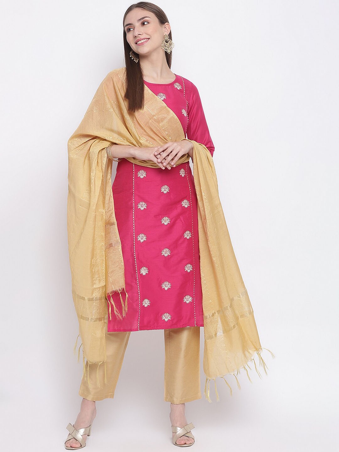 

IMARA Floral Embroidered Gotta Patti Kurta with Trousers & Dupatta, Pink